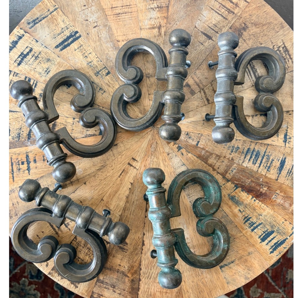 Vintage Heavy Brass Scroll Drawer Pulls Door Knockers Set of 5 Patina Hardware